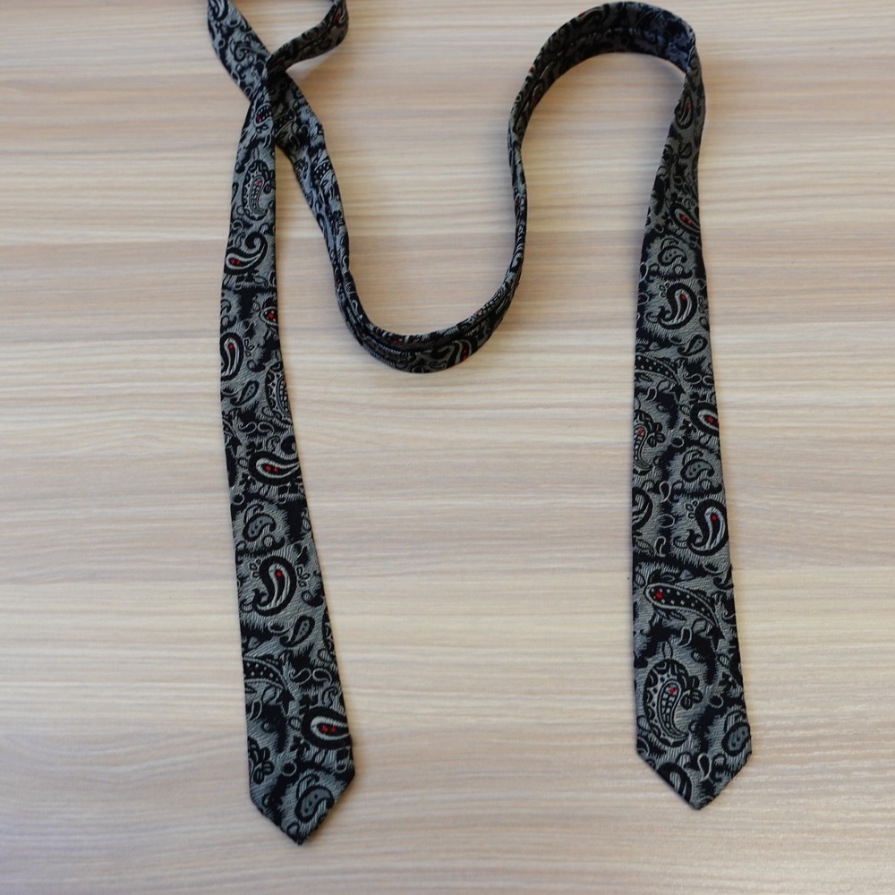 70s Vintage Skinny Slim Neck Tie Mens Black Gray Paisley Jacquard Western Gothic